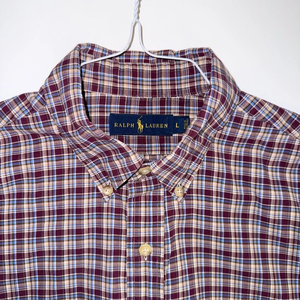 Ralph Lauren Mens L Plaid Button Down‎ Shirt Burgundy Blue Long Sleeve Pony Logo